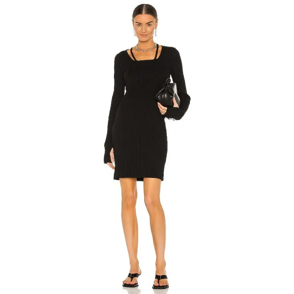 Helmut Lang Black Finest Rib Mini Dress Thumbholes XXS - Picture 2 of 6